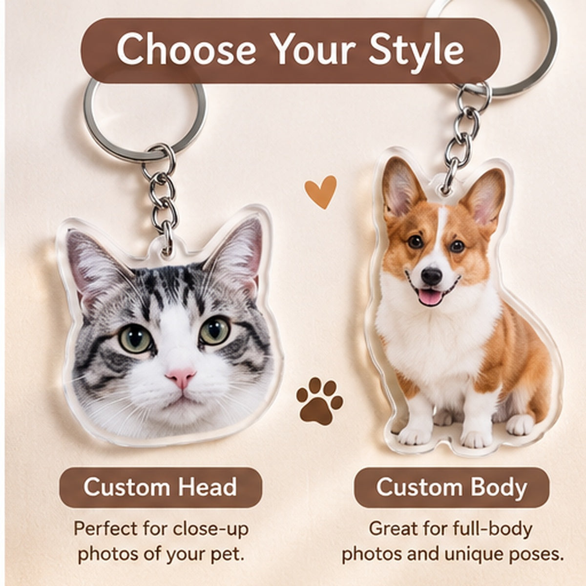Custom head and full body pet acrylic keychain styles