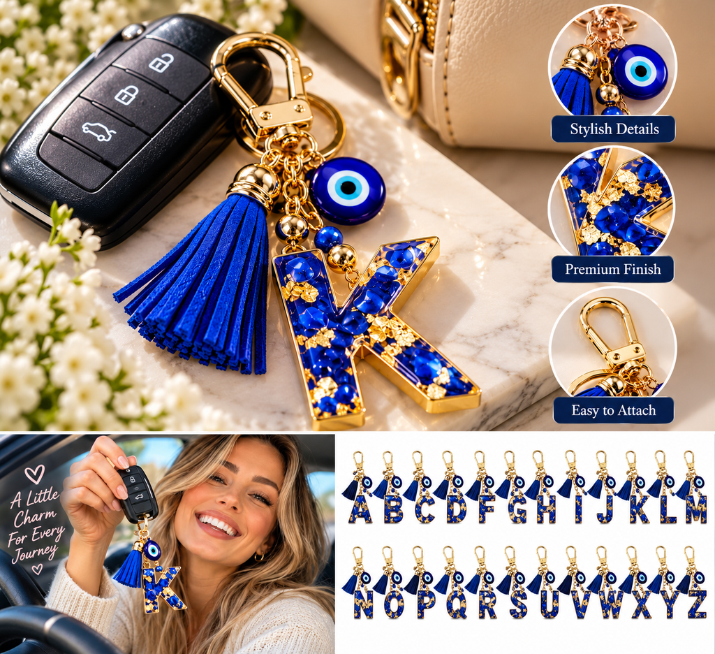 Royal Blue Initial & Evil Eye Keychain – A to Z — product image 4