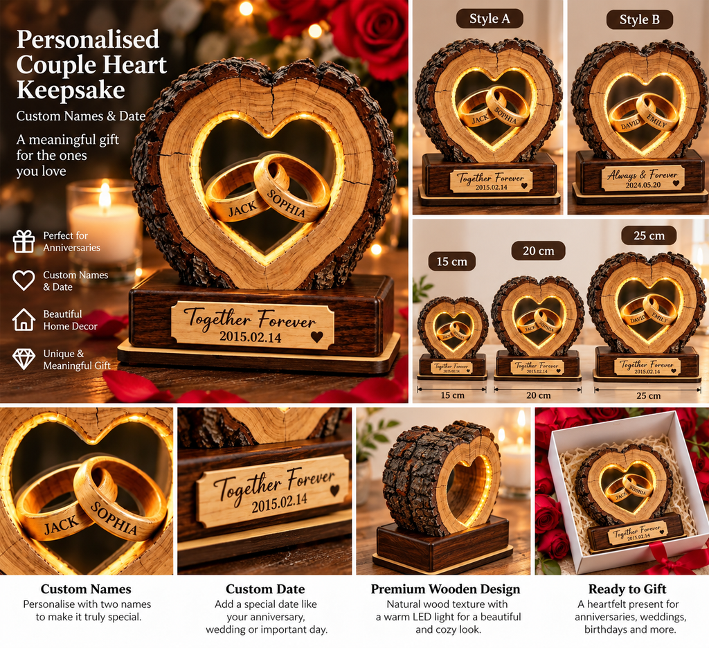 Personalised couple heart keepsake styles, sizes and gift presentation