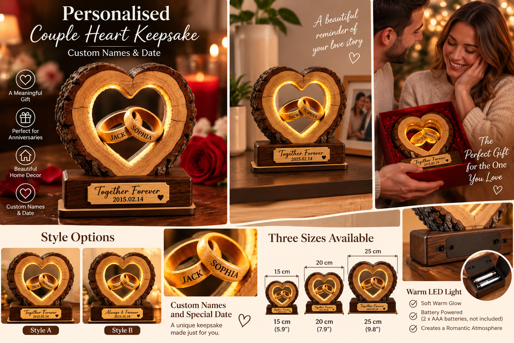 Personalised wooden heart keepsake lifestyle and size guide