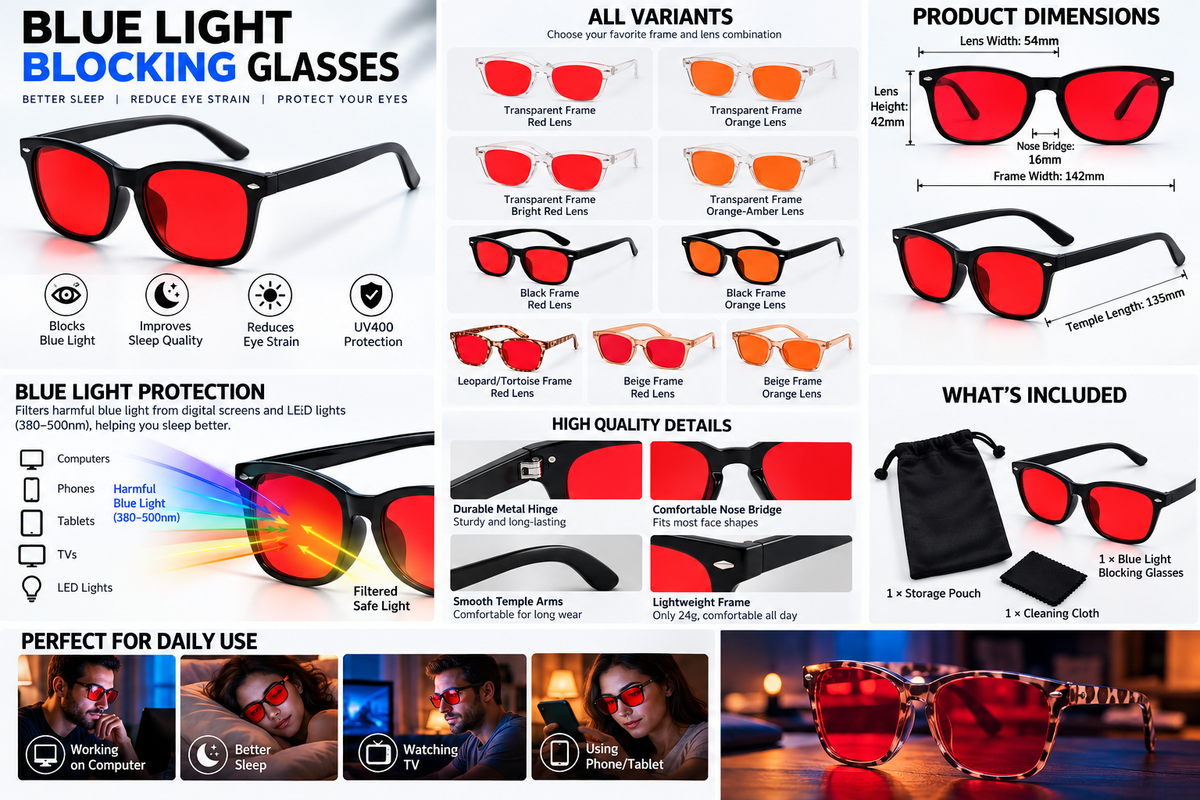 Blue light blocking glasses variants and product information in English