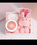 Pink bunny and mini fan gift box with flowers and greeting card