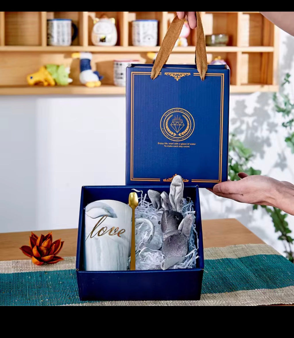 Blue bunny, love mug and gold spoon gift box set