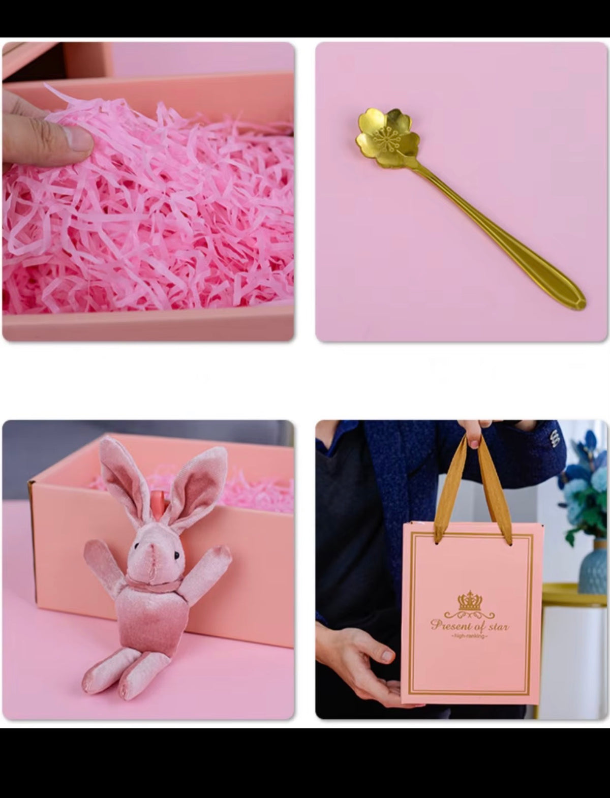 Bunny mug gift box details including plush bunny, gift filler, spoon and presentation box