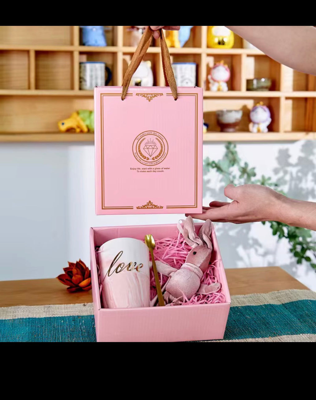Pink bunny, love mug and gold spoon gift box set