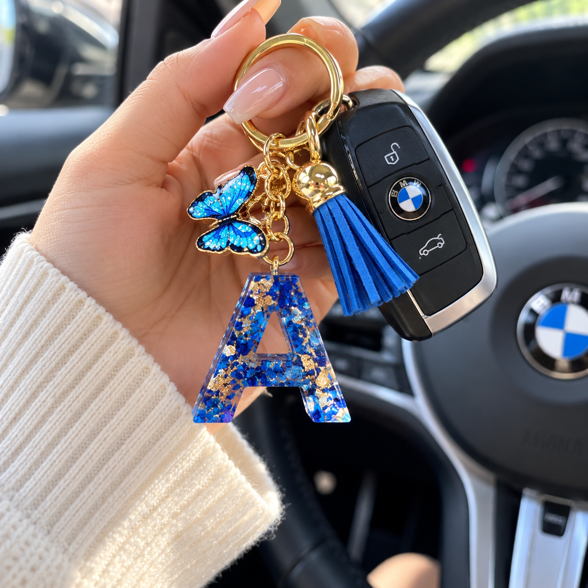 Blue butterfly initial keychain with car keys