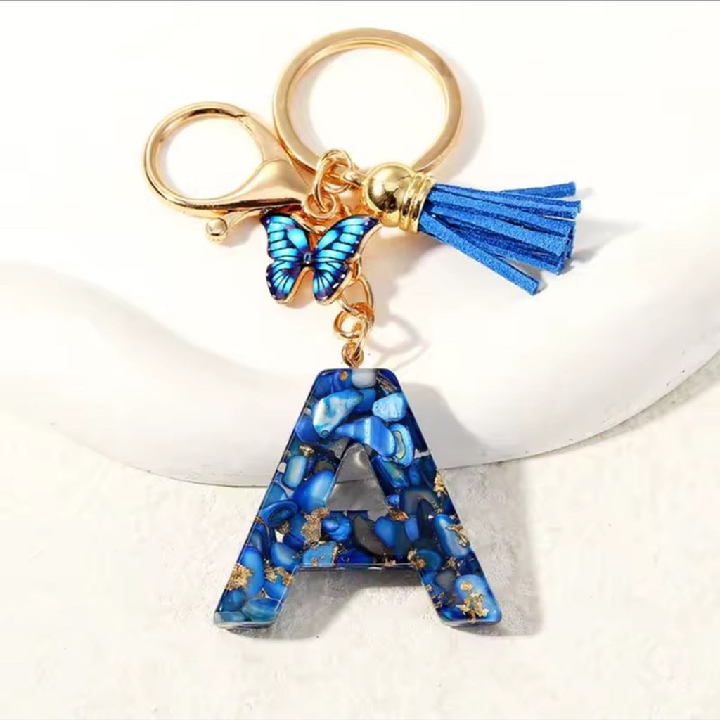 Blue butterfly tassel initial keychain letter A