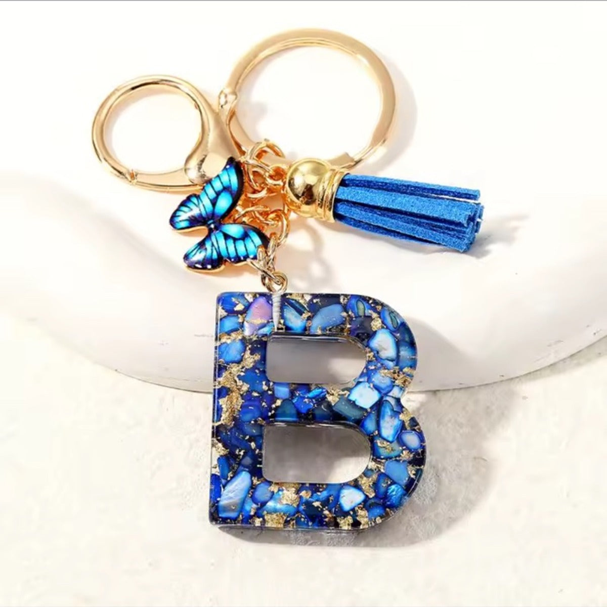Blue butterfly tassel initial keychain letter B