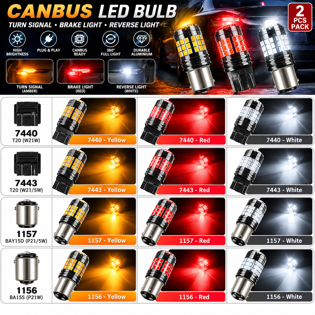 CANBUS LED bulb variants: 7440, 7443, 1157 and 1156 in yellow, red and white