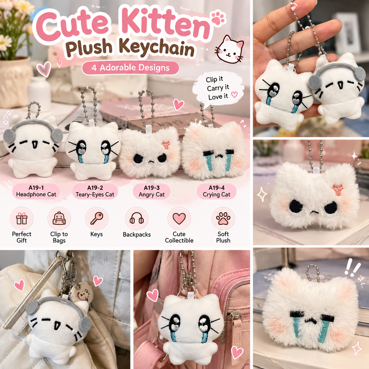 Four cute kitten plush keychain designs