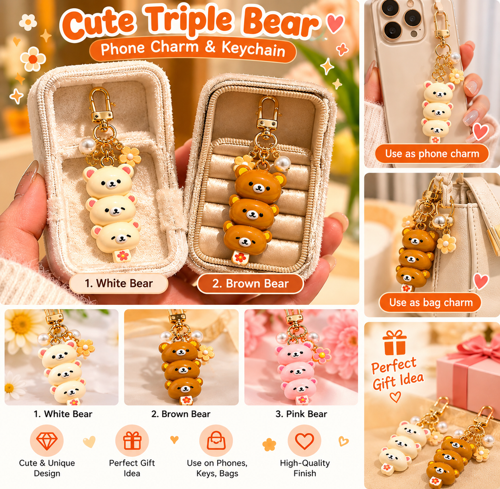 Cute triple bear phone charm in white and brown on warm orange background