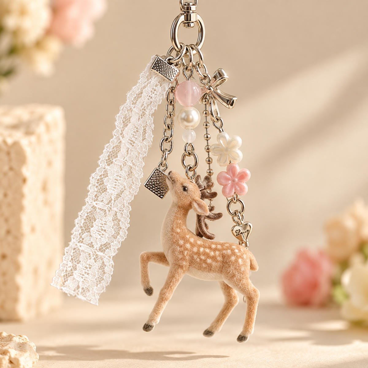 Cute flocked deer lace charm keychain