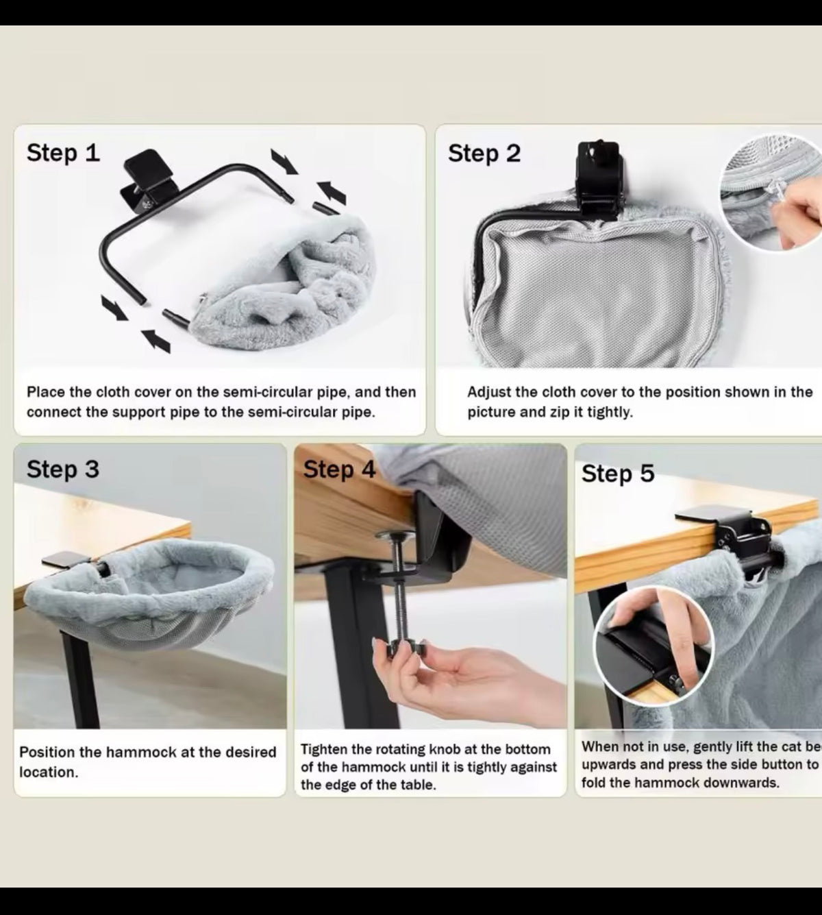 Installation steps for foldable clamp-on cat desk bed