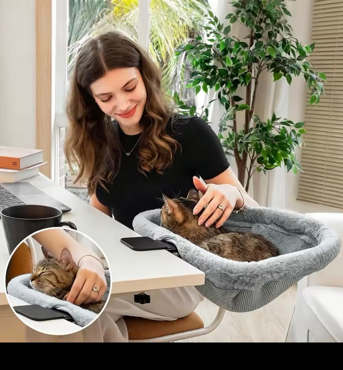 Cat resting in a clamp-on desk hammock beside its owner