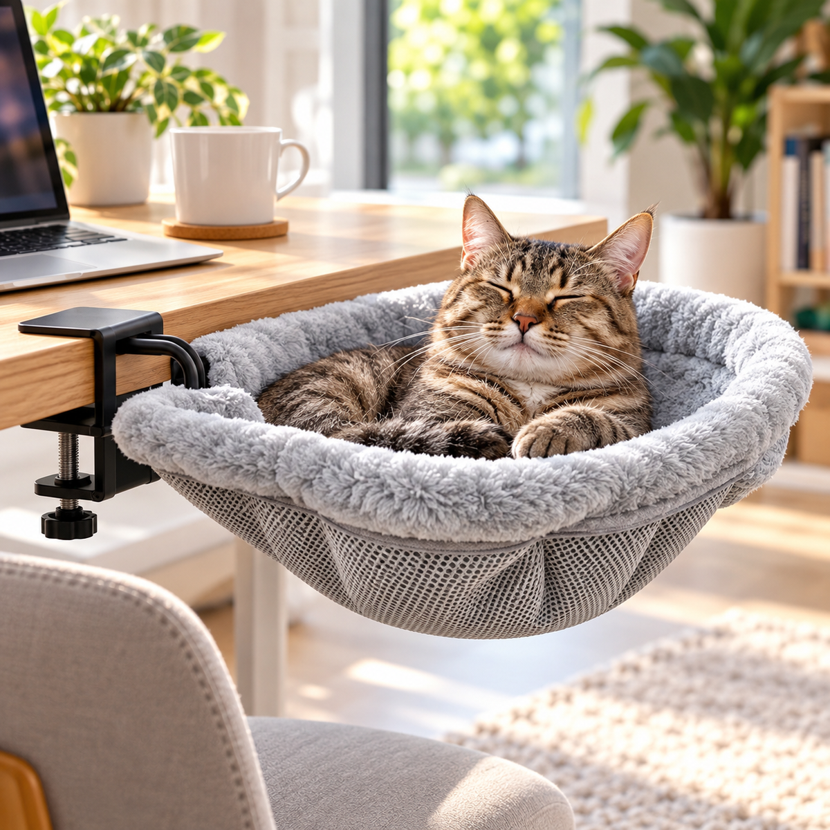 Foldable clamp-on cat desk bed in a bright home office
