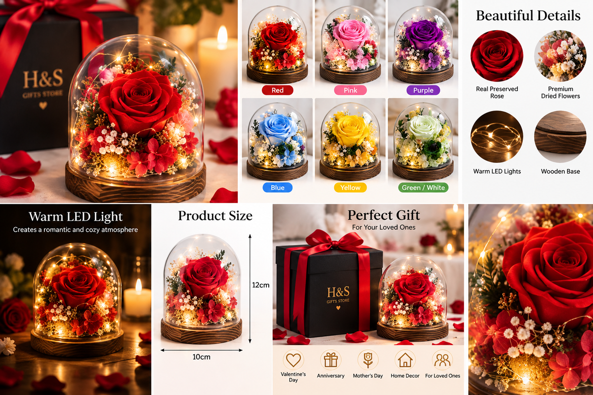 Forever rose glass dome colour options and gift presentation