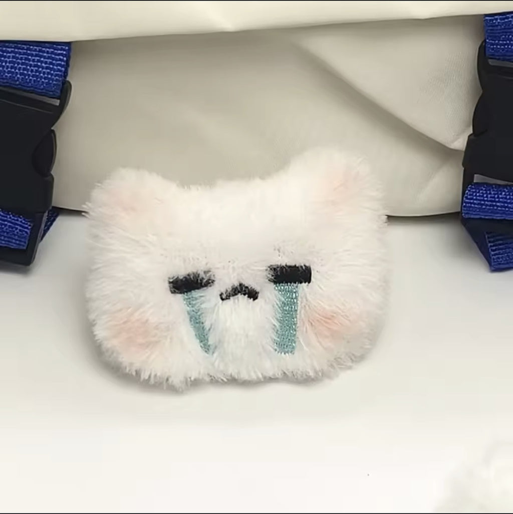 Fluffy white kitten keychain with blue tear embroidery