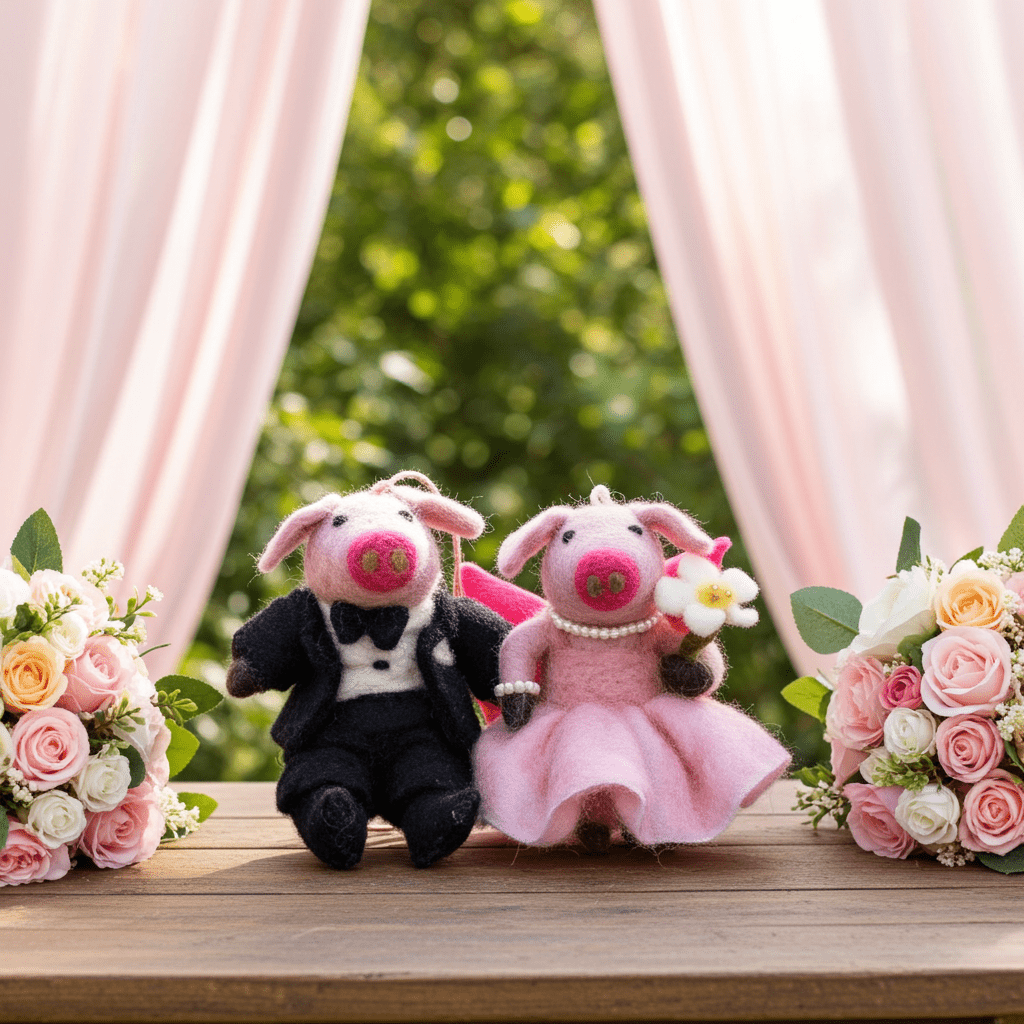 Handmade Felt Wedding Pig Couple Ornament — product image 3