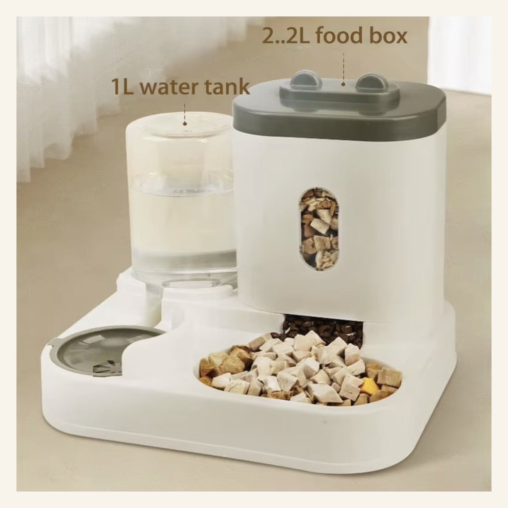 Pet feeder showing water tank and food container capacity