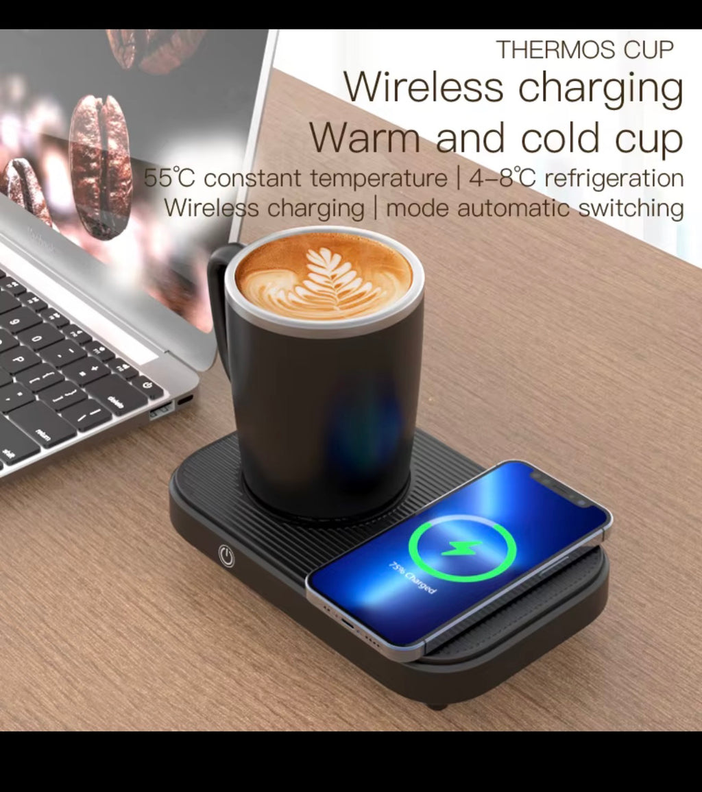 Smart heating and cooling mug with wireless charging station on desk