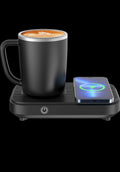Black smart temperature-control mug with wireless phone charging base