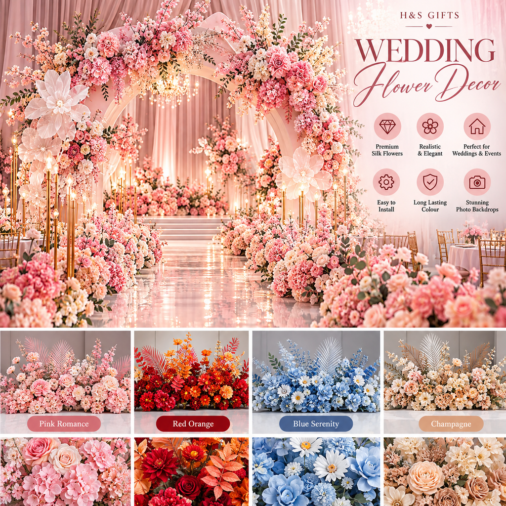 Luxury wedding flower decor in pink, red orange, blue and champagne styles