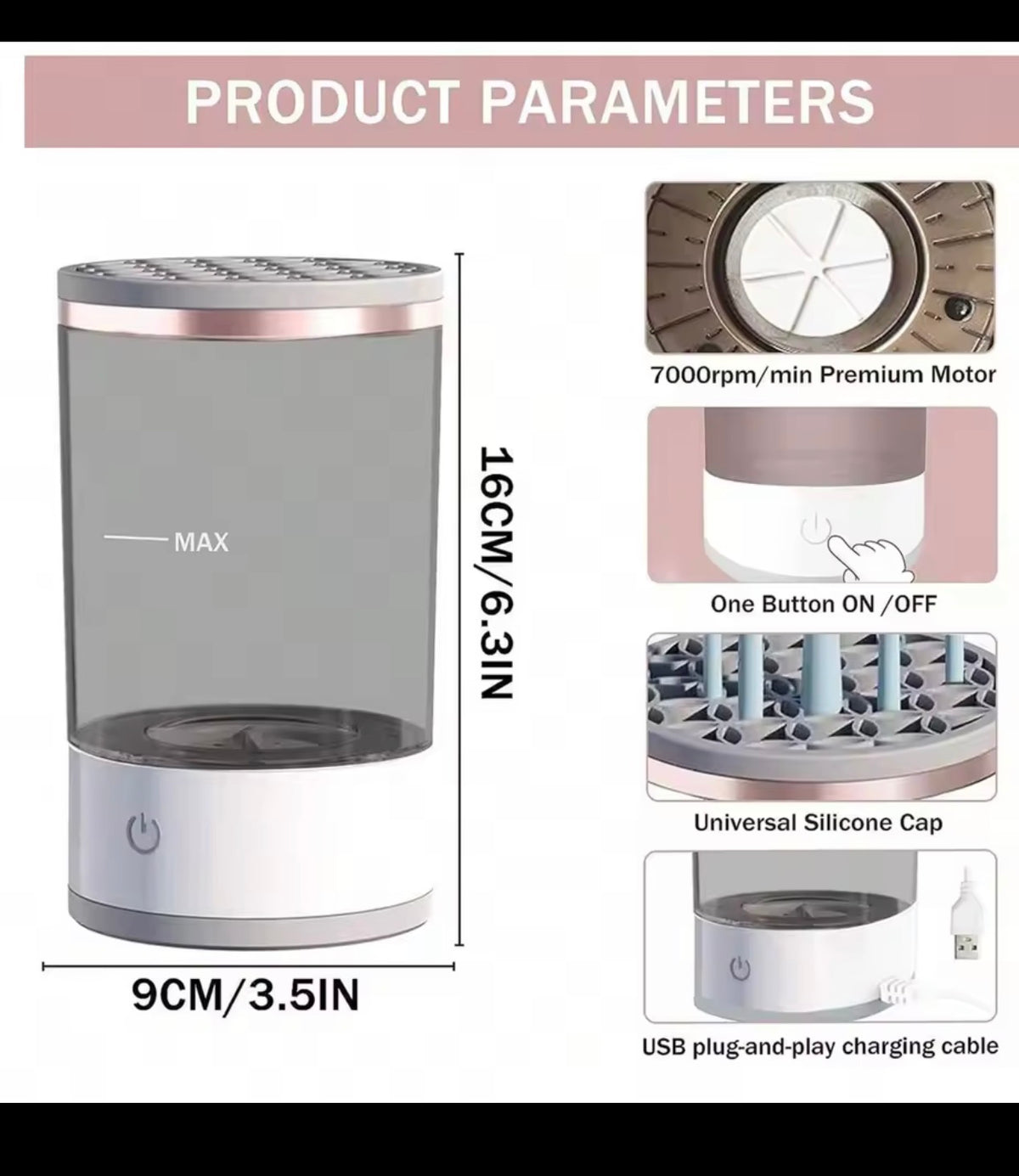 Makeup brush cleaner dimensions and specifications