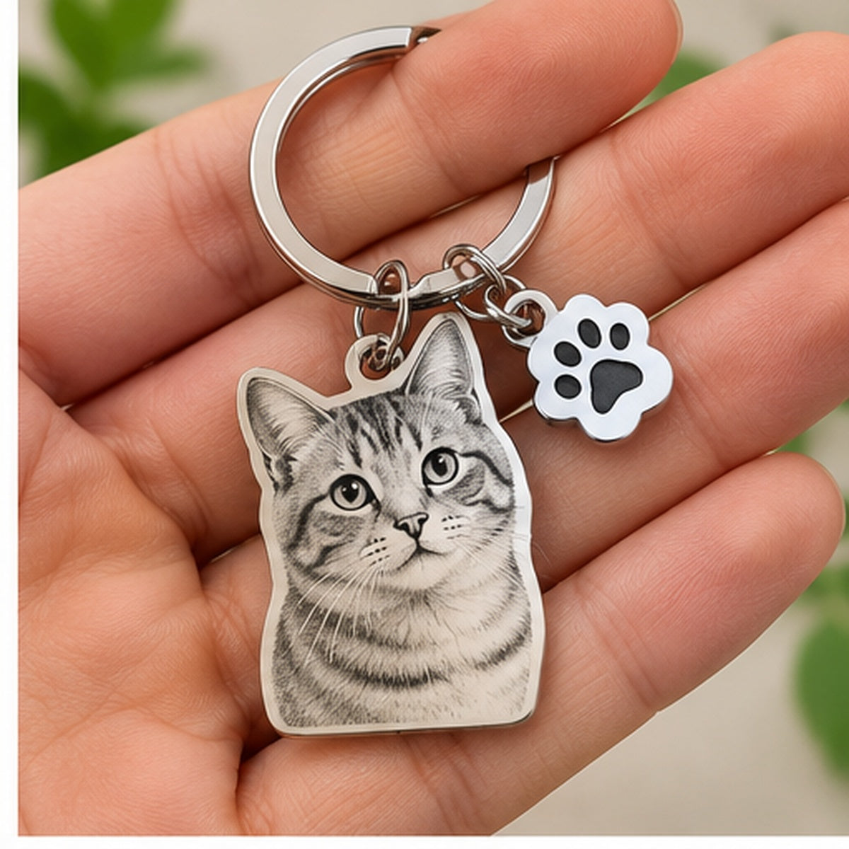 Personalised cat portrait stainless-steel keychain