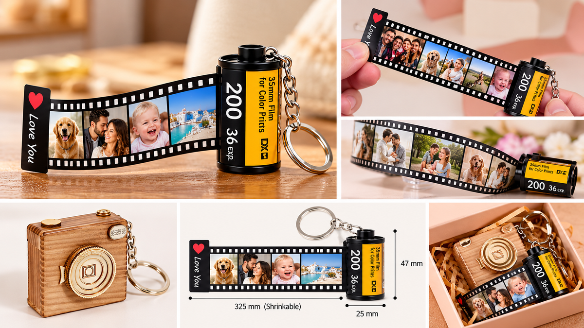 Personalised film-roll photo keychain with custom photo strip