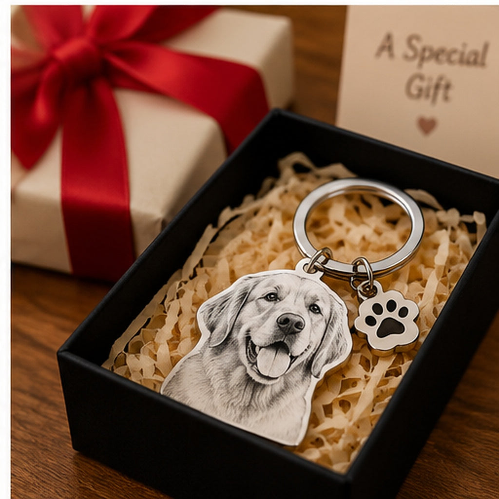 Personalised pet portrait keychain gift presentation