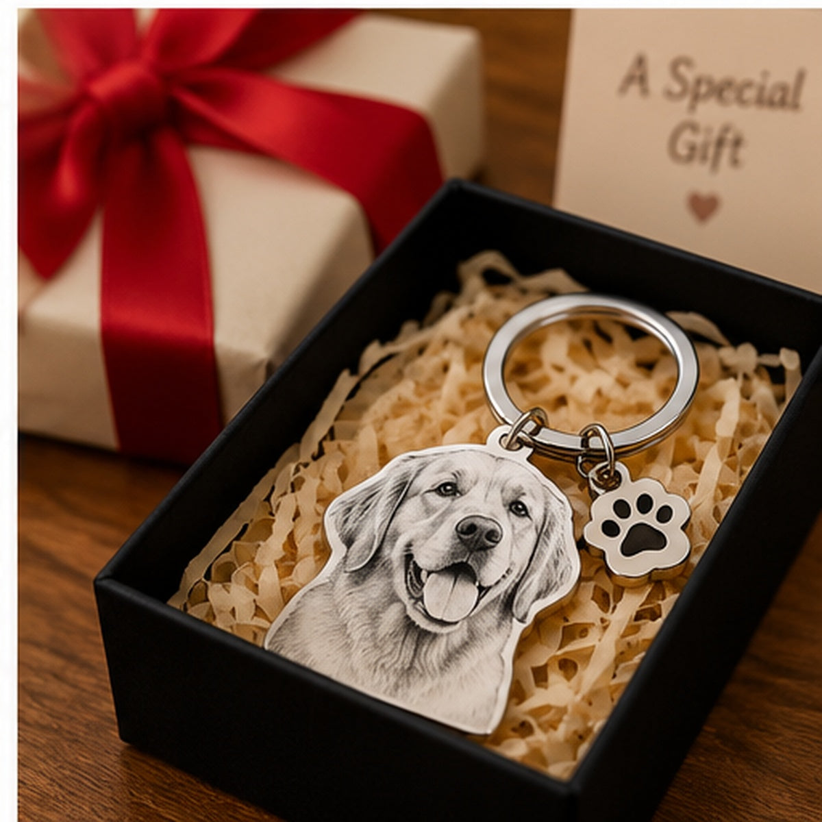 Personalised pet portrait keychain gift presentation