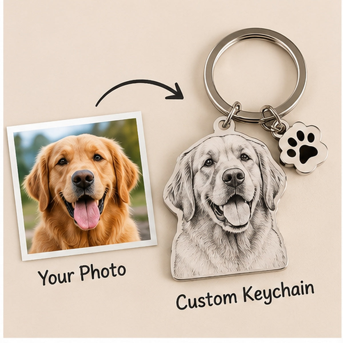 Pet photo to personalised stainless-steel keychain example