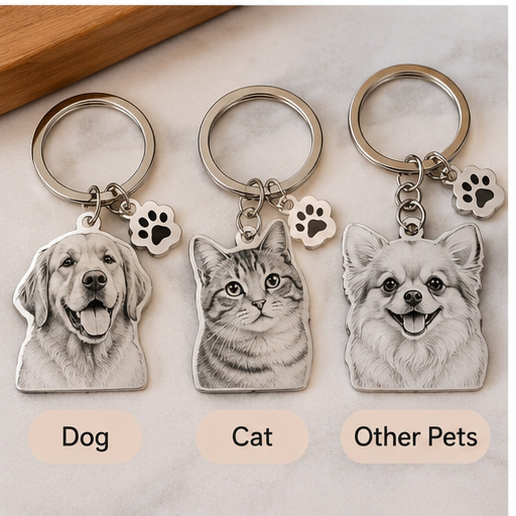 Personalised pet portrait keychain examples