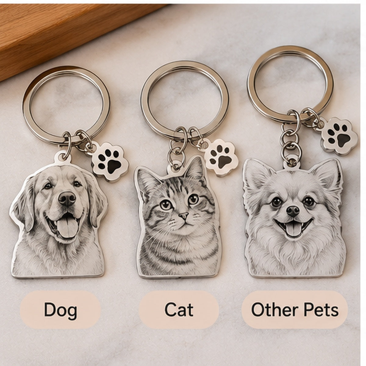 Personalised pet portrait keychain examples