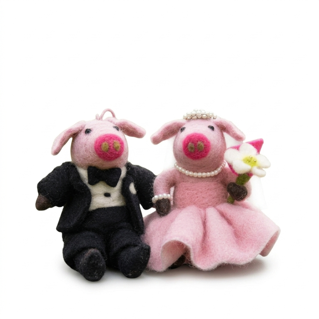 Handmade Felt Wedding Pig Couple Ornament