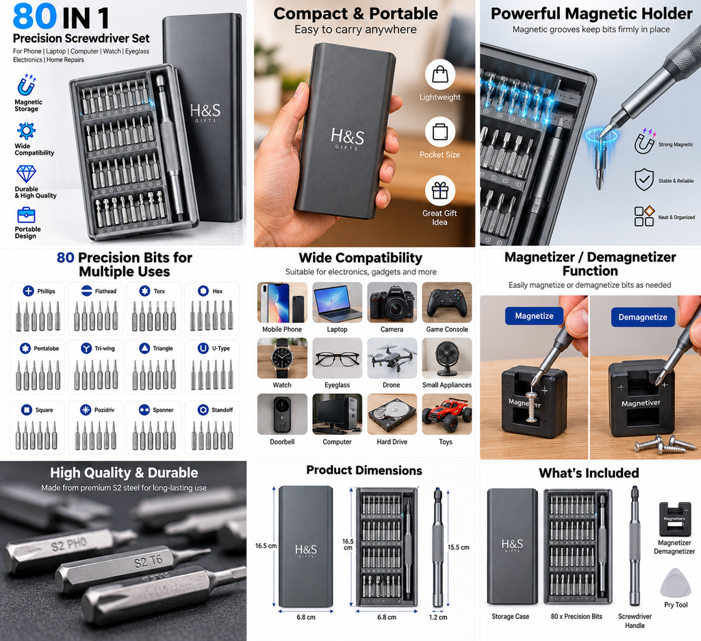 80-in-1 precision screwdriver set features and included bits