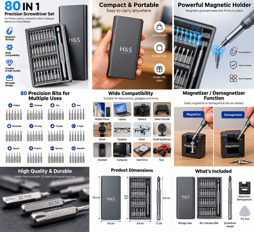 80-in-1 precision screwdriver set features and included bits