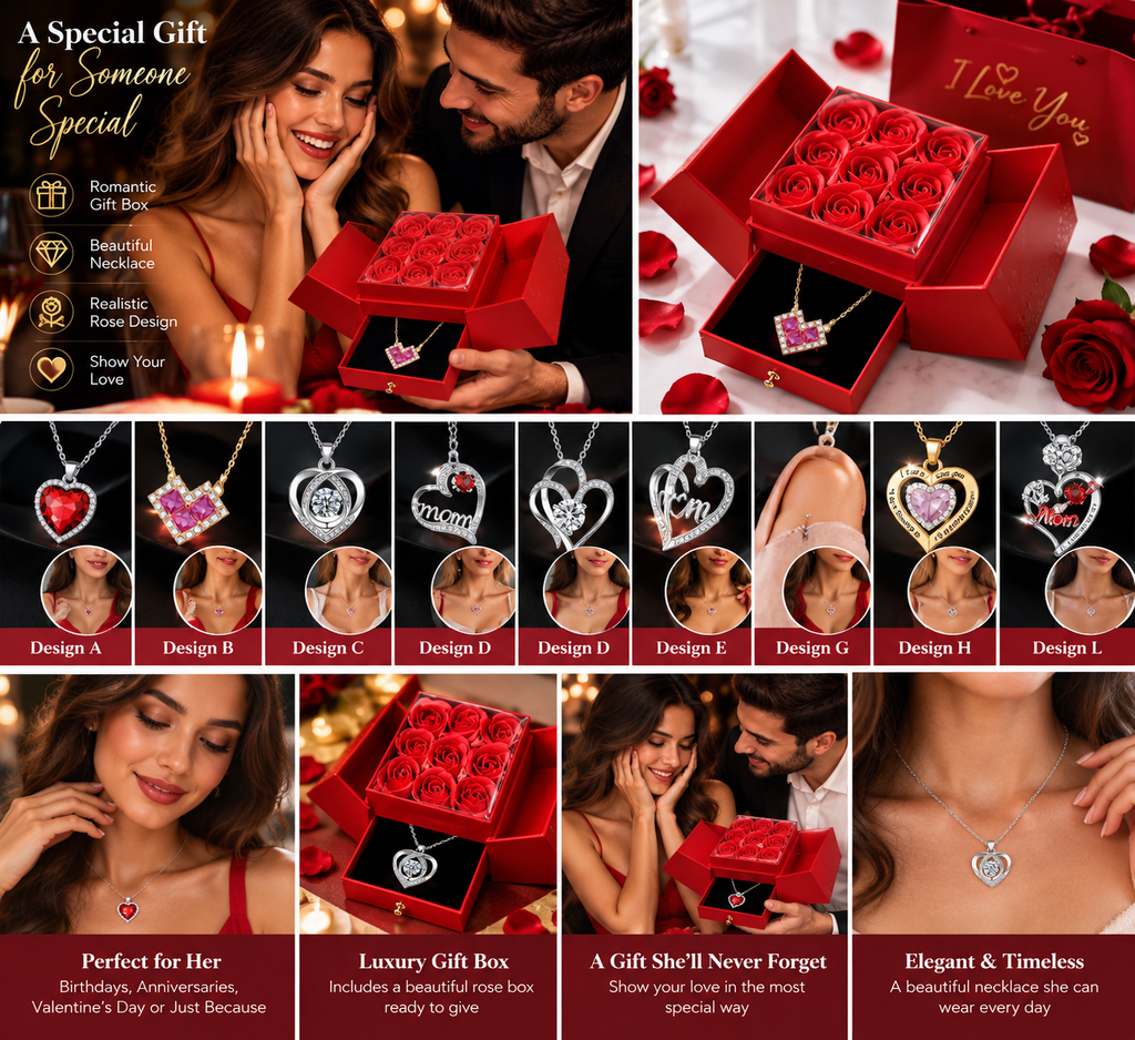 Red Rose Heart Necklace Gift Box lifestyle collection