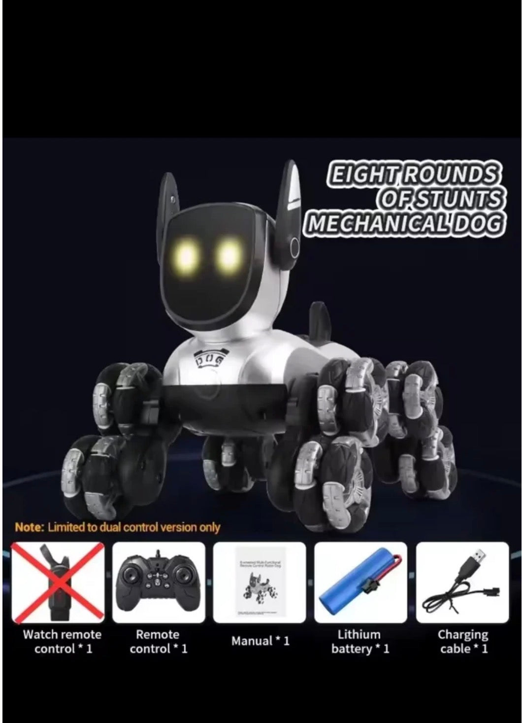 Remote-controlled stunt robot dog with remote, battery, charging cable and manual