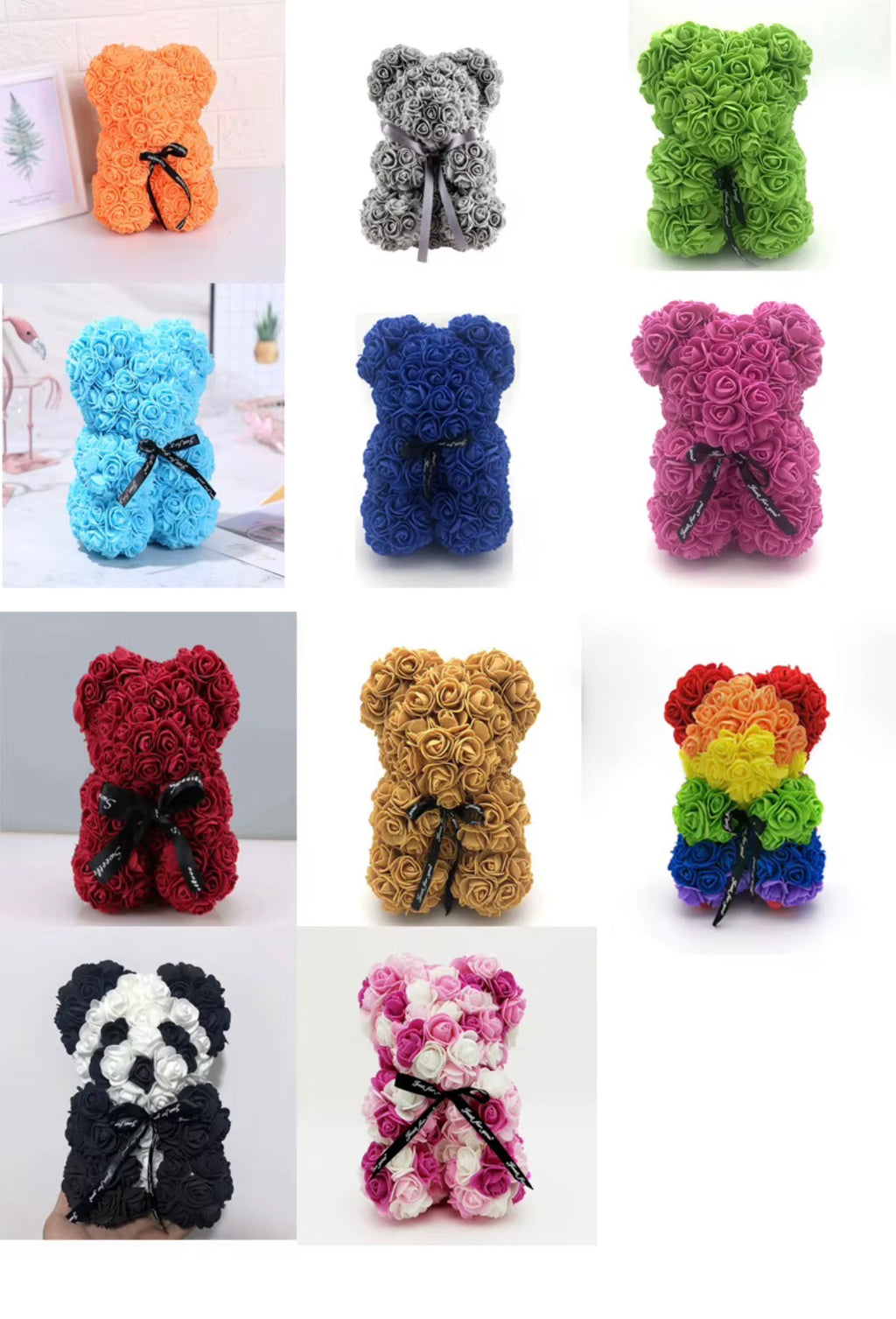 Rose teddy bear colour range including blue pink burgundy gold and rainbow