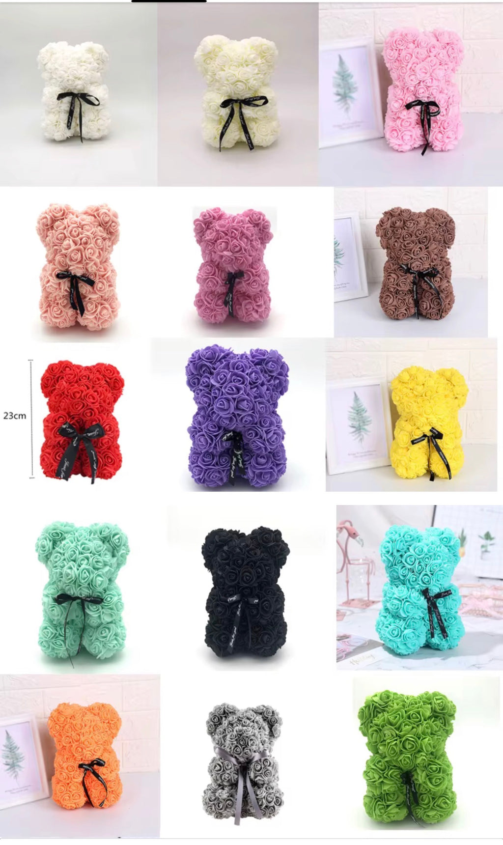 Rose teddy bear gift colour options including white pink red purple yellow green and black