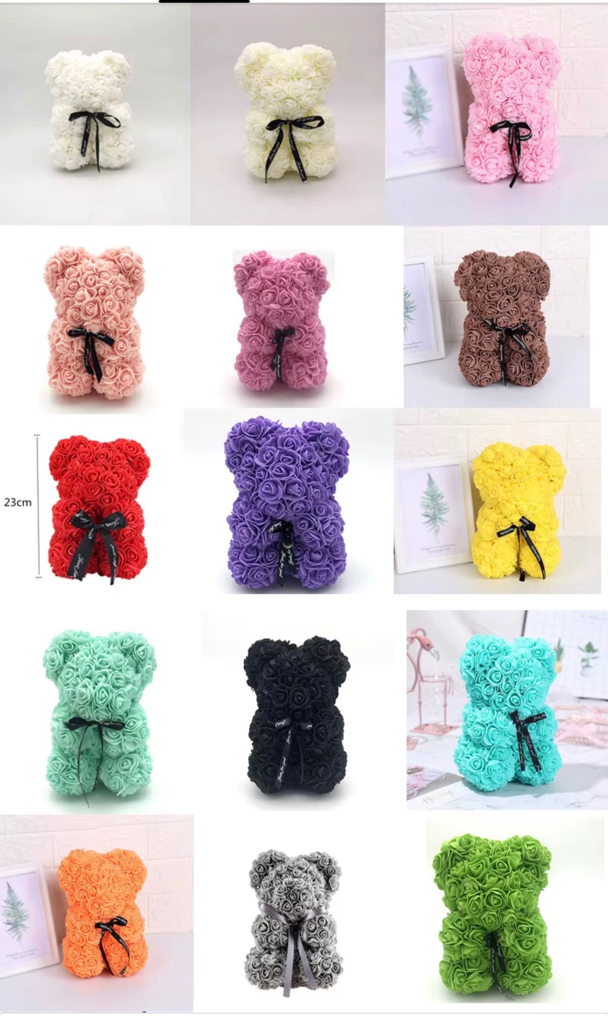 Rose teddy bear gift colour options including white pink red purple yellow green and black