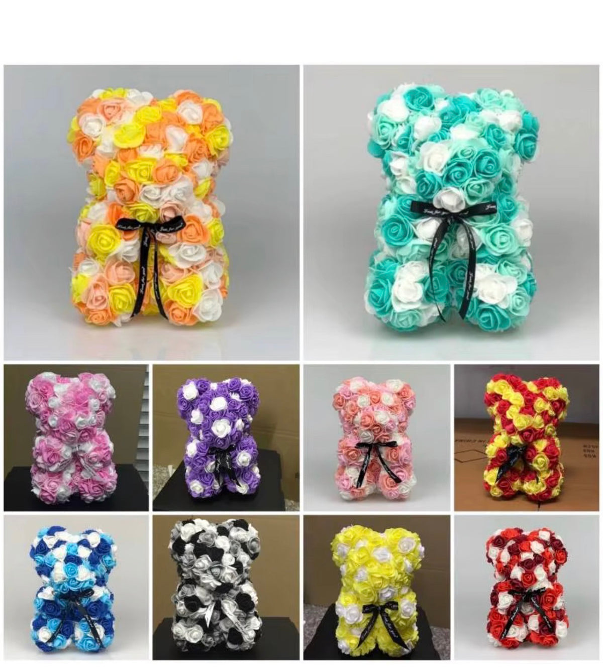 Rose teddy bear gift in mixed and multicolour rose designs