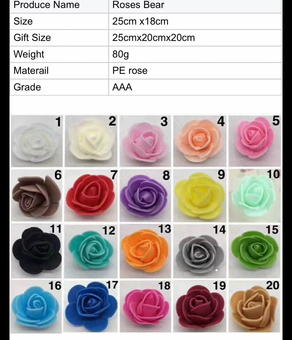 Rose teddy bear specifications and PE rose colour chart