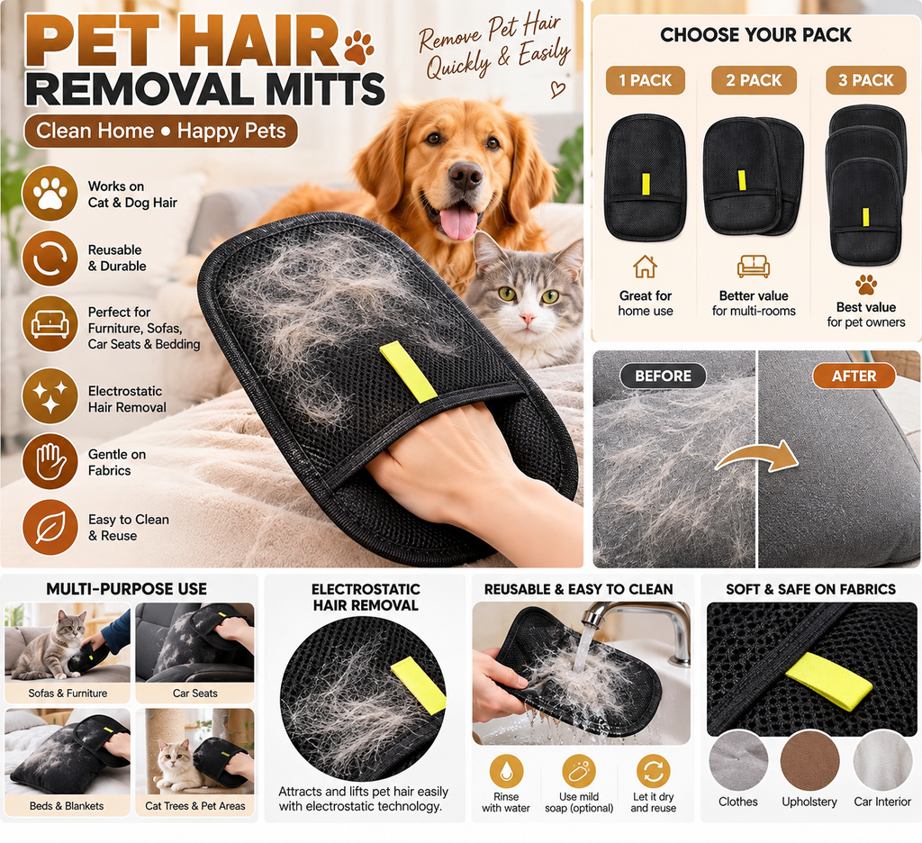 Reusable pet hair remover mitt for cats and dogs