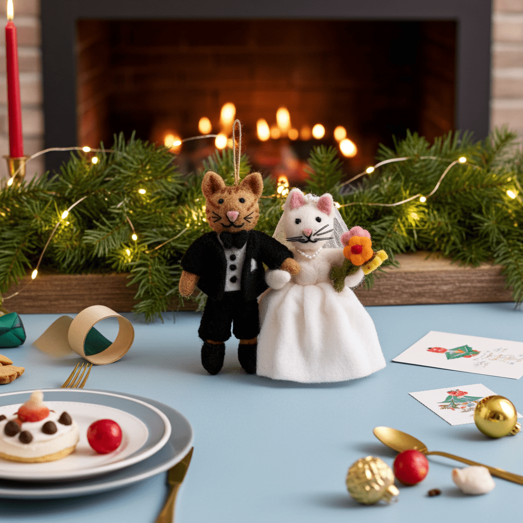Handmade Felt Wedding Cat Couple Ornament — product image 3